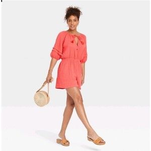 Knox Rose Guava Balloon Sleeve Tie Neck Gauze Romper Size Small NWOT boho Coral